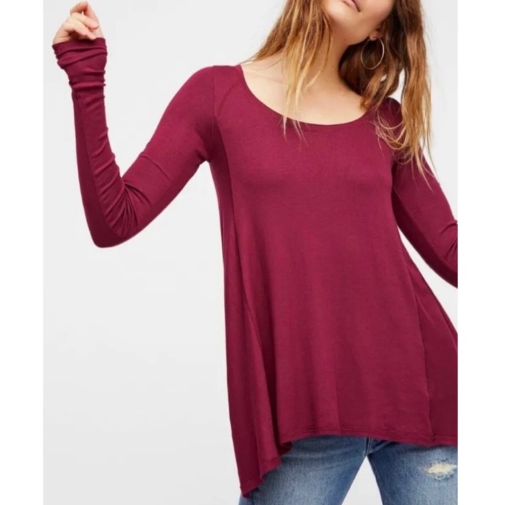 Free People January Ribbed Scoop Neck Long Sleeve Tunic Top in Merlot Size Small